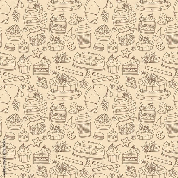 Fototapeta Seamless pattern with dessert pastry bakery elements. Vector doodle background.