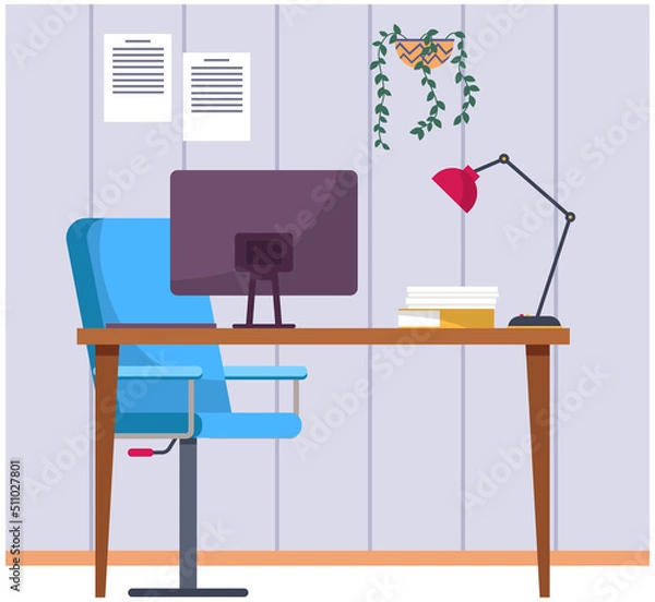 Fototapeta Organization of workplace of employee. Design of room, space for working in office. Arrangement of furniture table with laptop and chair in interior. Place for working with technology at home