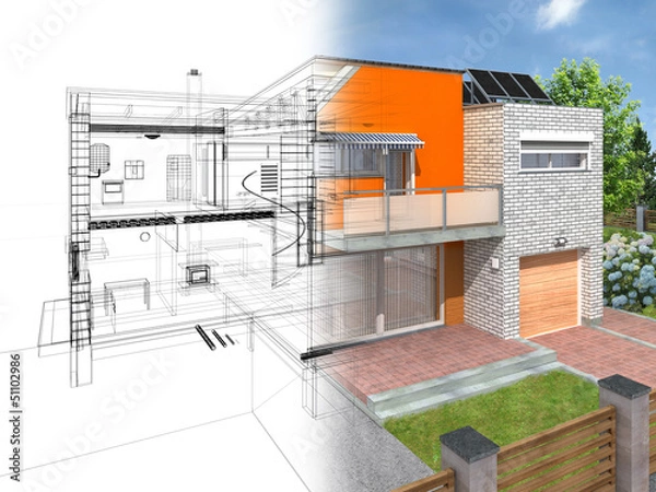 Fototapeta Modern house in section with visible infrastructure in interior