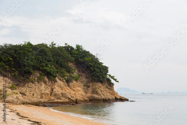 Obraz 曇り空と砂浜と岩と緑