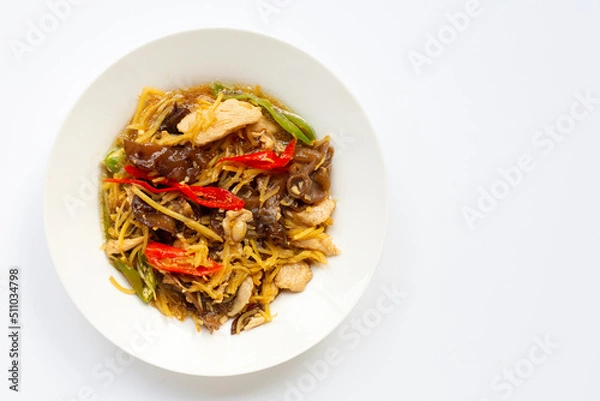 Fototapeta Stir fried chicken with ginger on white.