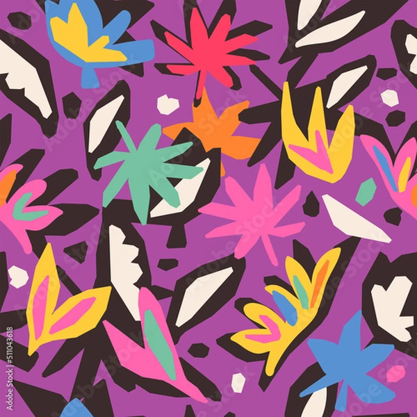 Fototapeta Modern abstract print with botanical shapes. Floral seamless pattern. Colorful groovy vector background. Stylized tropical flowers and leaves
