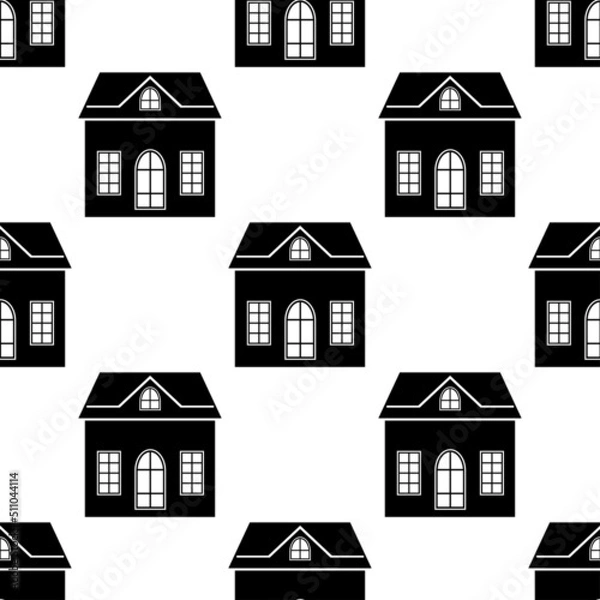 Fototapeta Seamless pattern with house. Black icon house in white background. House pattern. Silhouette building in flat design. Design for website, print on fabric, wallpaper, wrapping paper.Vector illustration