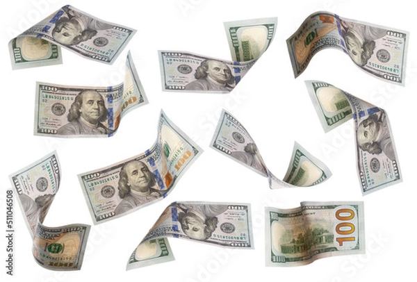 Obraz Dollars, flying money, curved in different ways, isolated on a white background.
