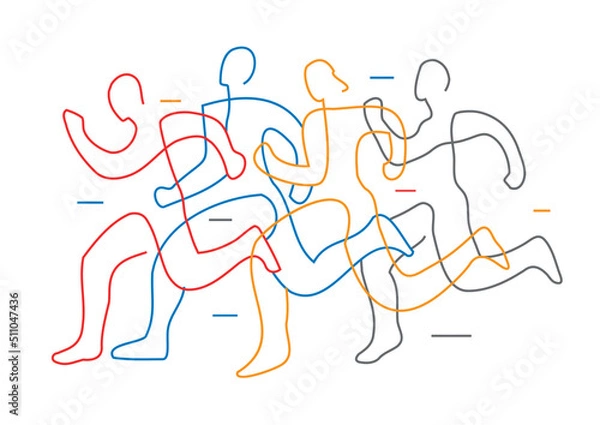 Fototapeta Running race, line art stylized.
Illustration of group of running racers. Continuous line drawing design.Isolated on white background. Vector available.