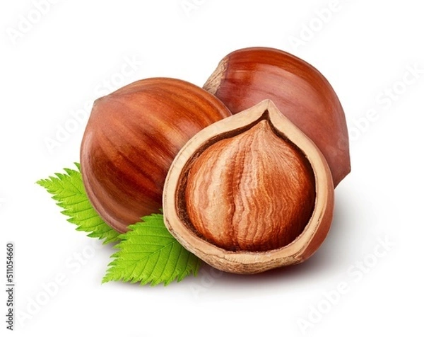 Obraz Three Hazelnuts with leaves isolated on white background