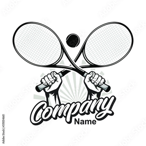 Obraz Tennis logo with two hand holding racket and crossed rackets vector inspiration, Design element for logo, poster, card, banner, emblem, t shirt. Vector illustration