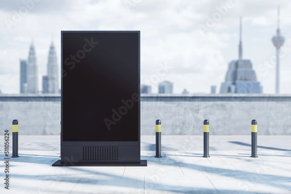 Fototapeta Clean rectangular billboard on light city background. Mock up. Retail and commercial concept. 3D Rendering.