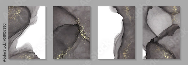 Fototapeta Modern watercolor background or elegant card design for birthday invite or wedding or menu with abstract black ink waves and golden splashes.