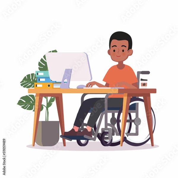 Fototapeta Person in wheelchair working on computer desk in home office Premium Vector
