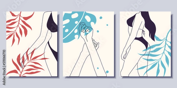 Fototapeta Set of minimalistic posters with women in swimsuits. Abstract plants. Modern Art. Vector illustration.