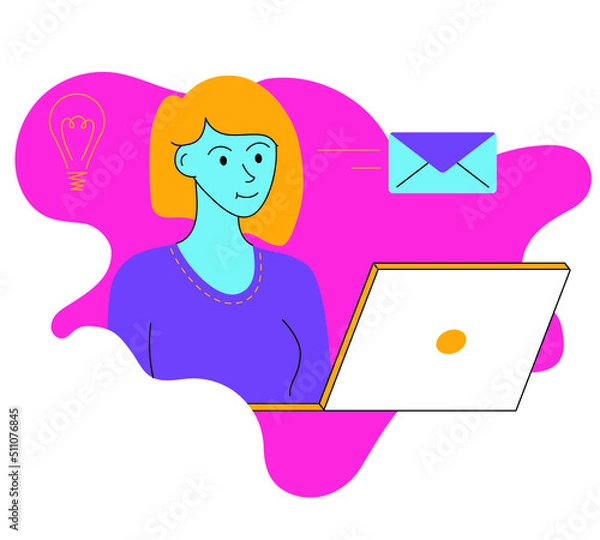 Fototapeta A specialist in communicating with clients in chats and through letters, working with claims, a girl at the computer with a flying letter