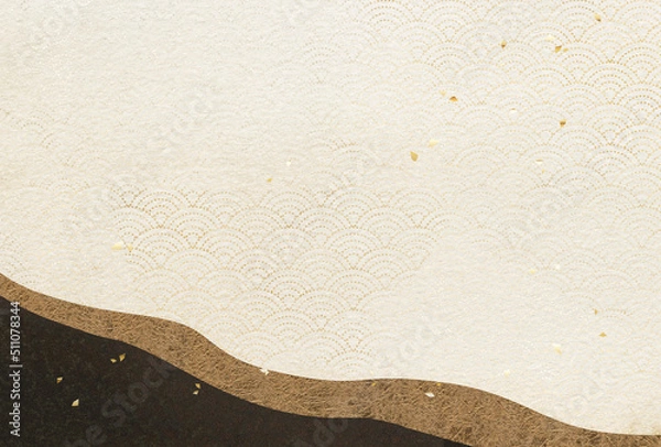 Obraz 濃茶と金の波模様　和紙　青海波　渋い和風背景　ハガキ比率