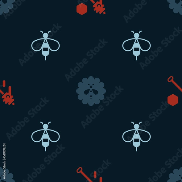 Fototapeta Set Honey dipper stick, Bee flower and on seamless pattern. Vector