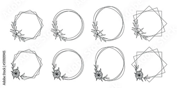 Fototapeta Collection of geometric vector floral frames. Borders decorated with hand drawn delicate flowers, branches, leaves, blossom. Vector illustration