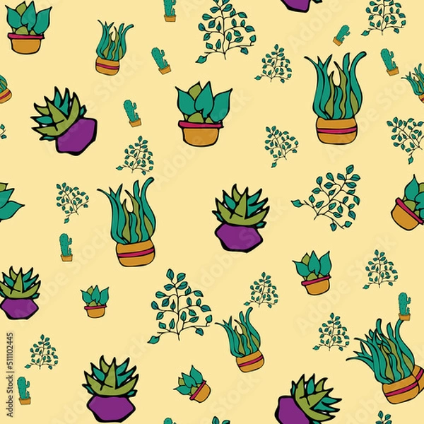 Fototapeta Vector white background plant in pot, succulents seamless pattern. Seamless pattern background