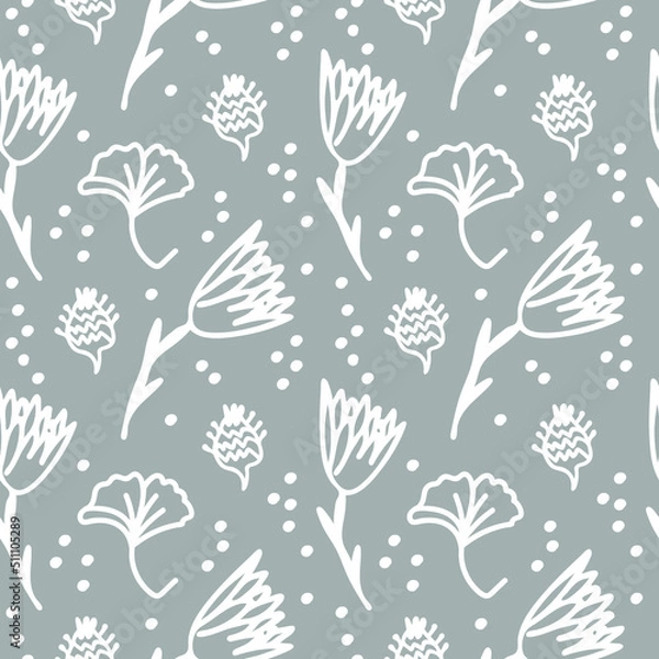 Obraz Seamless pattern with fall botanicals in a white line on a gray background.Repeating,floral print in a minimalist style.Designs for textiles,wrapping paper,fabric,packaging.