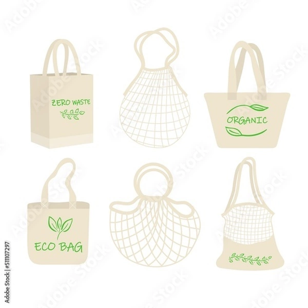 Fototapeta Eco shopping bag with vegetables, fruits and healthy drinks. Dairy food in reusable eco friendly shopper net. Zero waste, plastic free concept. Flat trendy design