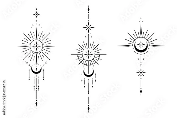 Fototapeta Set of blackwork tattoo with sun, moon, star. Sacred geometry tattoo design, mystic symbol. New school dotwork, line art minimalist style tattoo. Boho design. Print, posters, t-shirts and textiles.