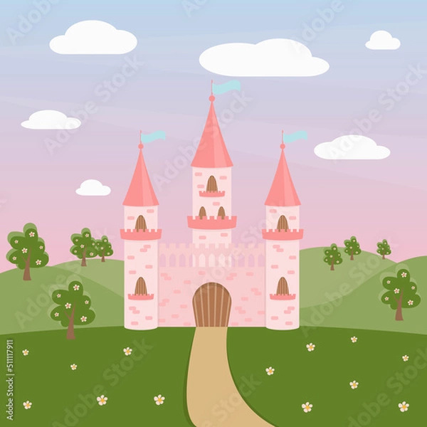 Obraz Fairytale pink castle for the princess, on a green meadow.