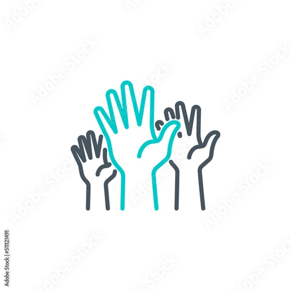 Fototapeta group of human hands raised up vote single line icon isolated on white. Perfect outline symbol voting by show palm. volunteers community unanimously raised up hands design element with editable Stroke