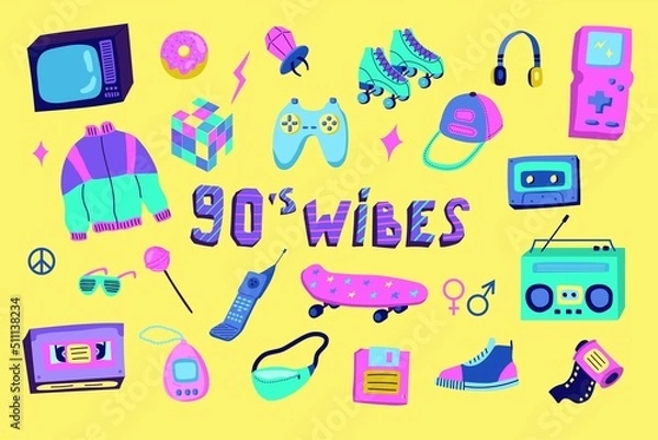 Fototapeta A set of clothes and appliances in the style of the 90s. Nostalgia, neon, bright colors, grunge. Flat vector illustration