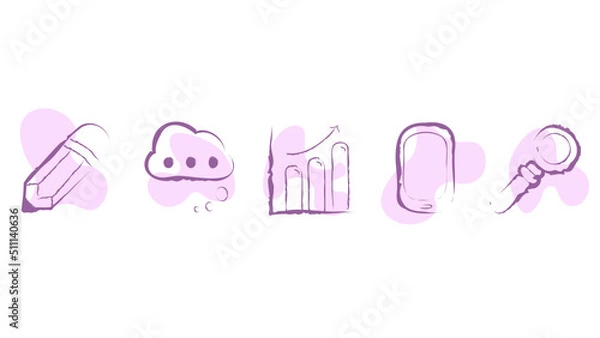 Fototapeta Soft icons set - pencil, communication cloud, data insight chart, phone gadget, lens - loupe