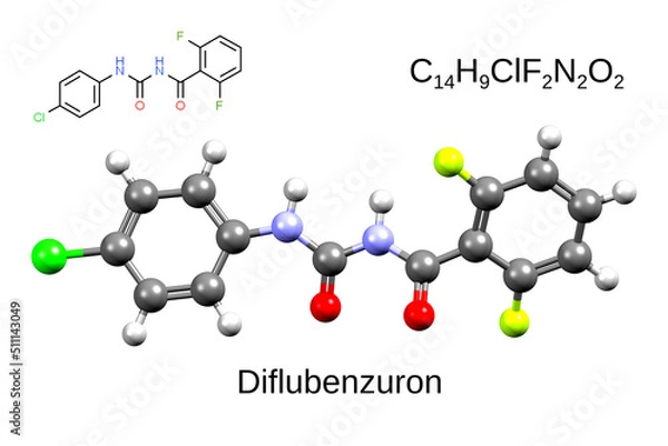 Fototapeta Chemical formula, skeletal formula, and 3D ball-and-stick model of insecticide diflubenzuron, white background