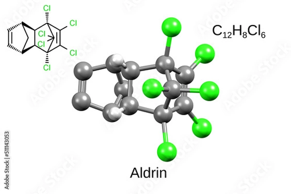 Fototapeta Chemical formula, skeletal formula, and 3D ball-and-stick model of organochlorine insecticide aldrin, white background