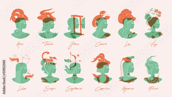 Obraz Set of zodiac signs with women. Vector illustration with overlay. Twelve astronomical zodiac signs by month. Astrology elements collection isolated.