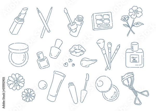 Fototapeta 化粧道具一式のイラスト素材. 美容, メイクアップをテーマにした挿絵セット. シンプルな線画.