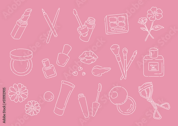 Obraz 化粧道具一式のイラスト素材. 美容, メイクアップをテーマにした挿絵セット. シンプルな線画. ピンクの背景に白の線画.