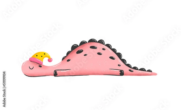 Obraz Cute pink dinosaur sleeping in hat with pom pom. Sweet baby dino character in nightcap. Childish colored hand drawn illustration in cartoon style. Good night, sleepy animal