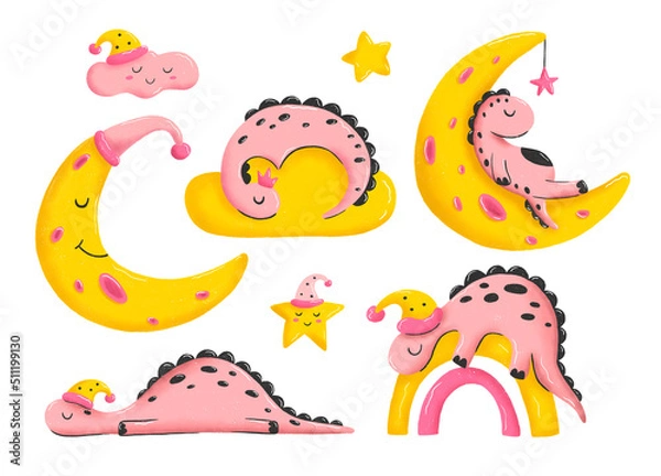 Obraz Set of cute pink sleeping dinosaurs. Sweet baby dino, moon, stars, cloud, rainbow with nightcap. Childish colored hand drawn illustration in cartoon style. Good night clipart, sleepy animals