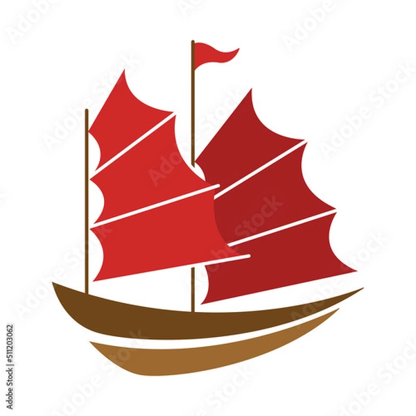 Fototapeta Red Aboard Cruise Ship on Hong Kong River Illustration Vector. Landmarks of Hong Kong City with Wooden Ship Logo Vector.