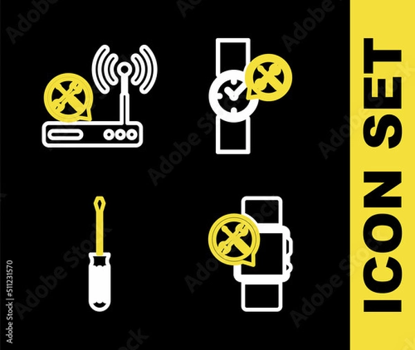 Fototapeta Set line Wrist watch service, Smartwatch, Screwdriver and Router wi-fi icon. Vector