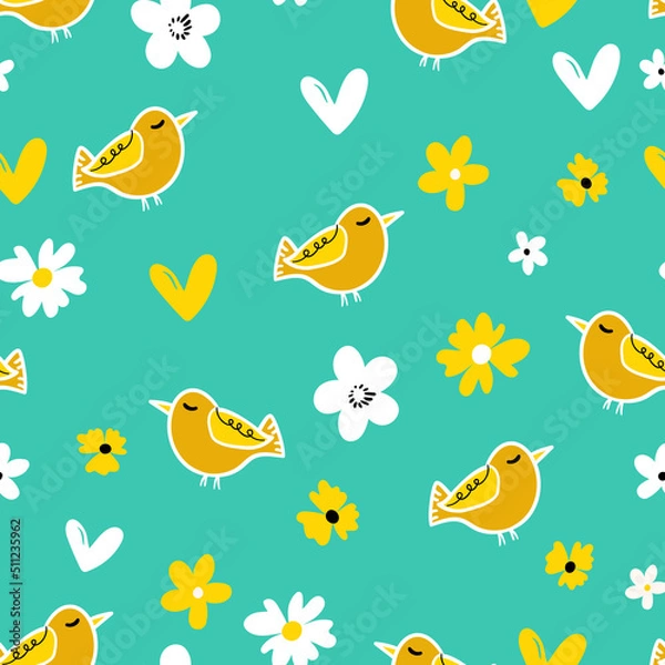 Fototapeta Seamless pattern with funny colorful birds. Color flat vector illustration with little cartoon bird. Cute characters. Template design for invitation, poster, card, flyer, textile, fabric for kids
