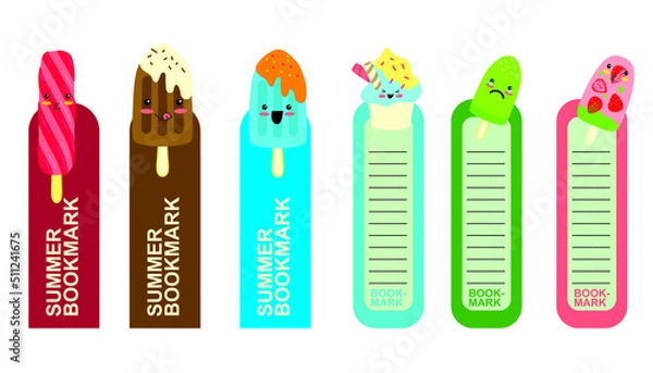 Fototapeta Set of 6 coloured bookmarks with ice creams. Flat illustration with doodle elements. Bookmarks isolated on a white background.