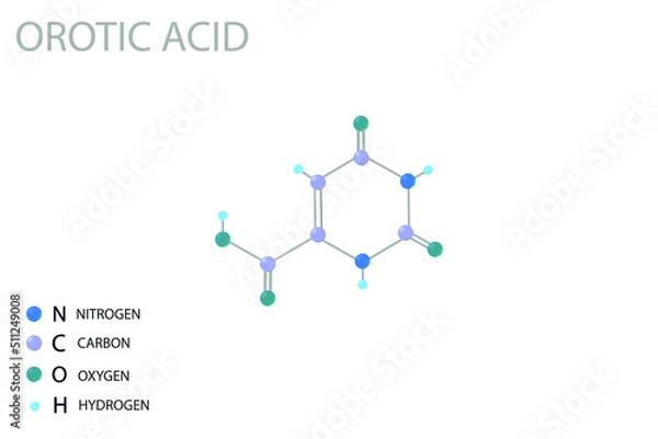 Fototapeta Orotic acid molecular skeletal 3D chemical formula.	