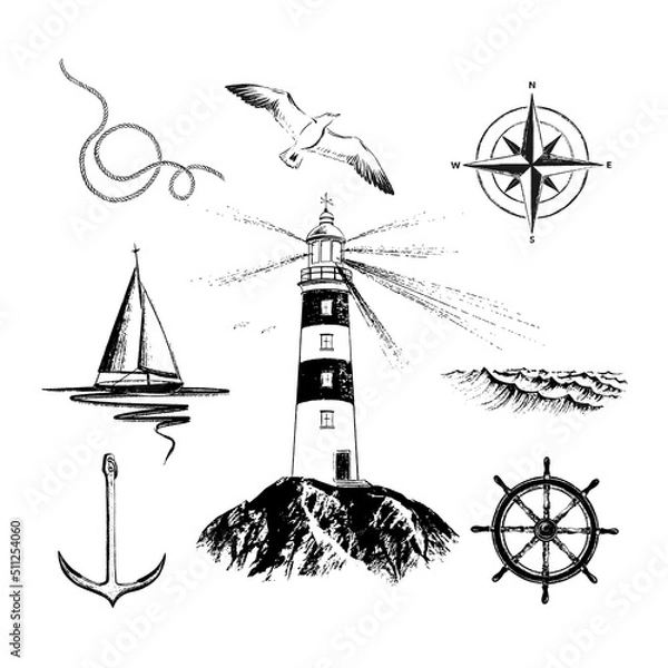 Fototapeta Set of nautical symbols lighthouse, seagulls, rope, waves, boat, wind rose, helm, anchor drawn in black ink, brush texture. Engraving style.