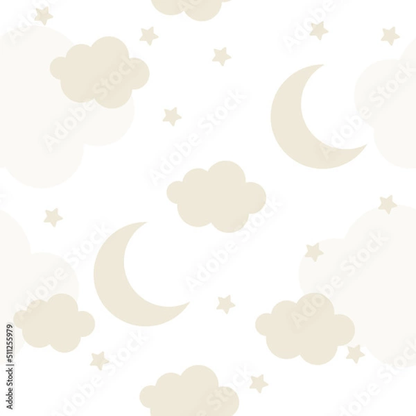 Fototapeta Vector hand drawn seamless pattern with clouds, moon and stars on white background. For decoration in a children's room, wallpaper, textiles, baby clothes. Doodle style.
