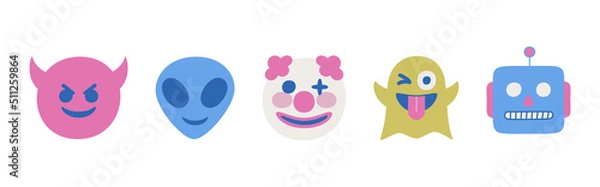Fototapeta Set of vector facial toy illustrations of alien clown ghost devil and robot. Collection of multicolor chat emoji icons.