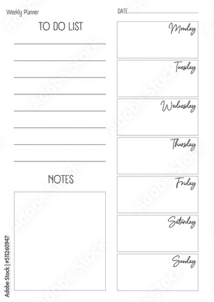 Fototapeta Minimalist planner size A4. Weekly planner template. Blank ...