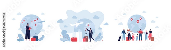 Obraz Global travel, business and education concept. Vector flat character illustration. Multiethnic group of people on planet earth map with pinpoint. Businessman and businesswoman with baggage.