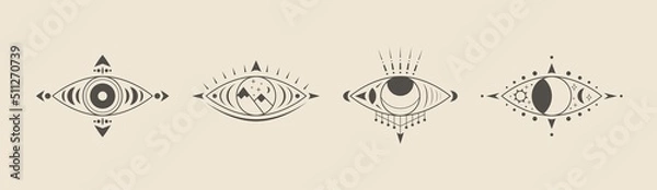 Fototapeta Abstract outline Eyes set. Simple, minimalistic linear art style. Trendy Vector illustration. Isolated round icons. Boho, esoteric, witchcraft, mystic concept. Logo, avatar, poster, print template