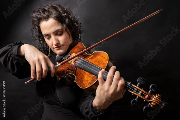 Fototapeta Beautiful girl professional violinist playing antique violin
