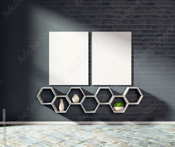 Obraz Two frames on the black wall. Template for pictures and lettering. Wooden floor. 3D rendering