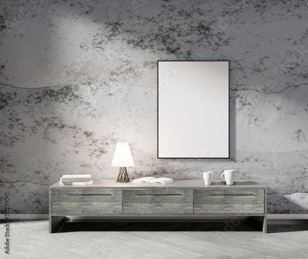 Obraz Vertical frame on the stone wall above wooden table. Template for pictures and images. 3D rendering