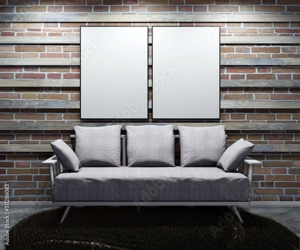 Fototapeta Two empty frame templates on the wall above couch with pillows. Brick wall with wooden planks. 3D rendering