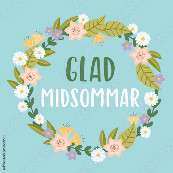 Obraz Happy Midsummer Swedish lettering quote. Vector illustration wreath of daisies, daisy, flowers on blue background. Midsummer holiday background concept.
